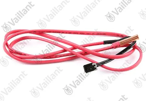 Vaillant Sensor mit roten und schwarzen Kabeln, die für Luftkonditionierungssysteme verwendet werden. Kabel deutlich sichtbar, ohne spezifische Maße oder Artikelnummern.